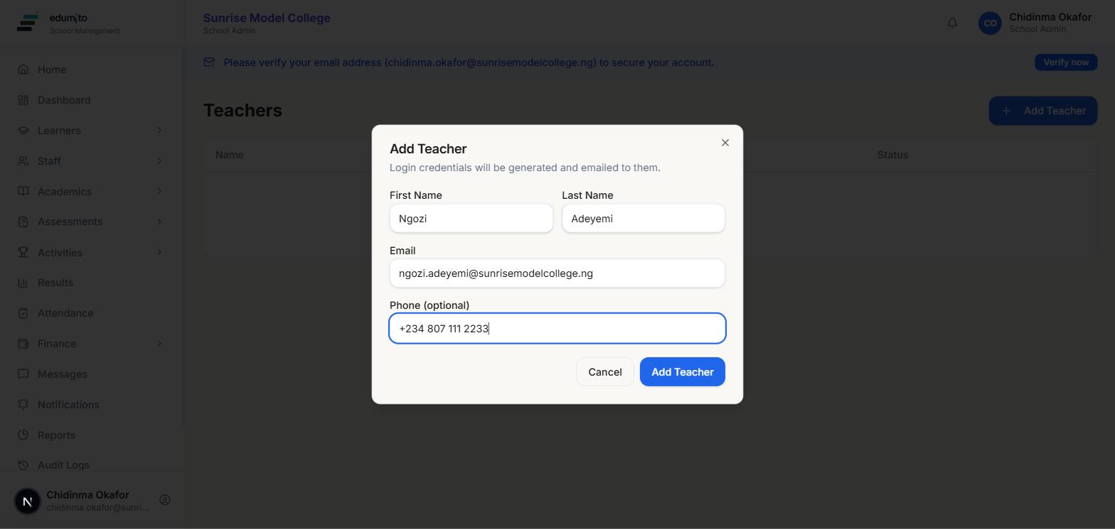 Add Teacher dialog filled with name, email and phone, noting login credentials will be emailed