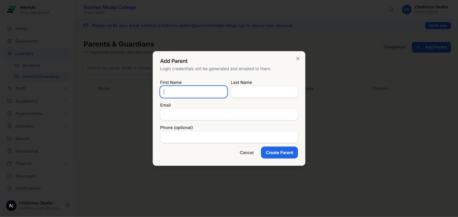 Add Parent dialog, matching the same credentials-emailed pattern as adding a teacher