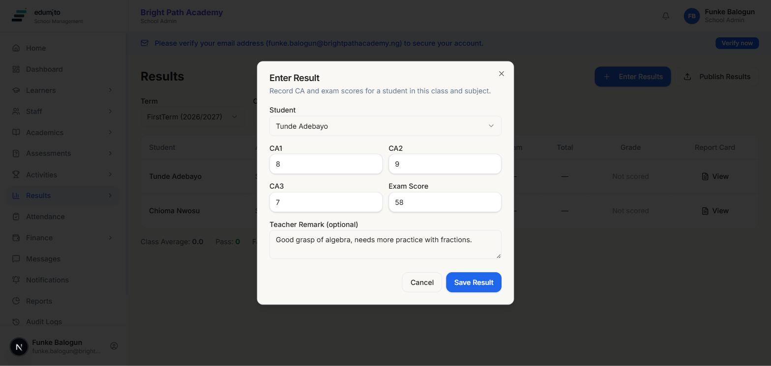 Enter Result dialog filled in with CA1, CA2, CA3, exam score and a teacher remark