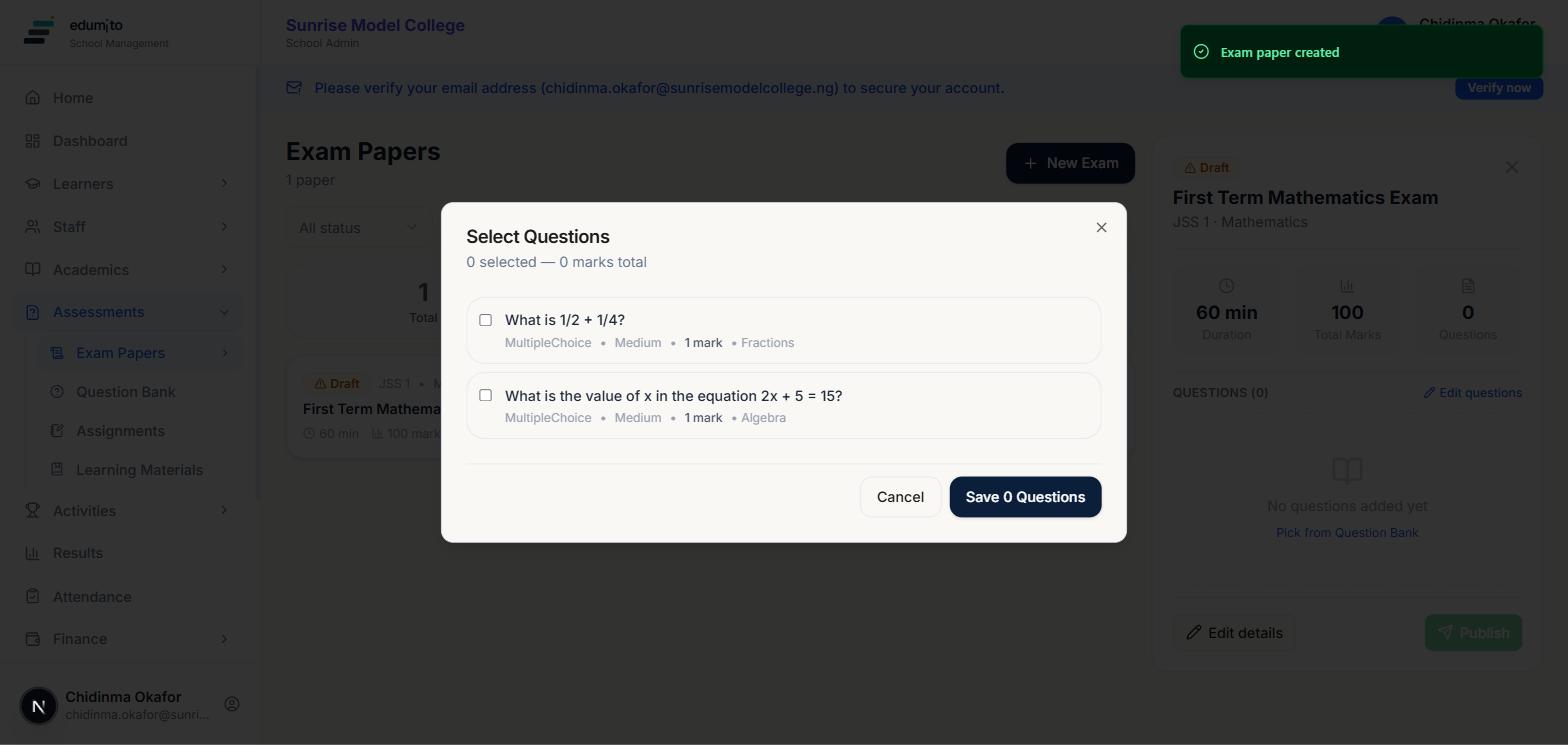 Select Questions dialog showing questions from the bank with checkboxes to add to the exam