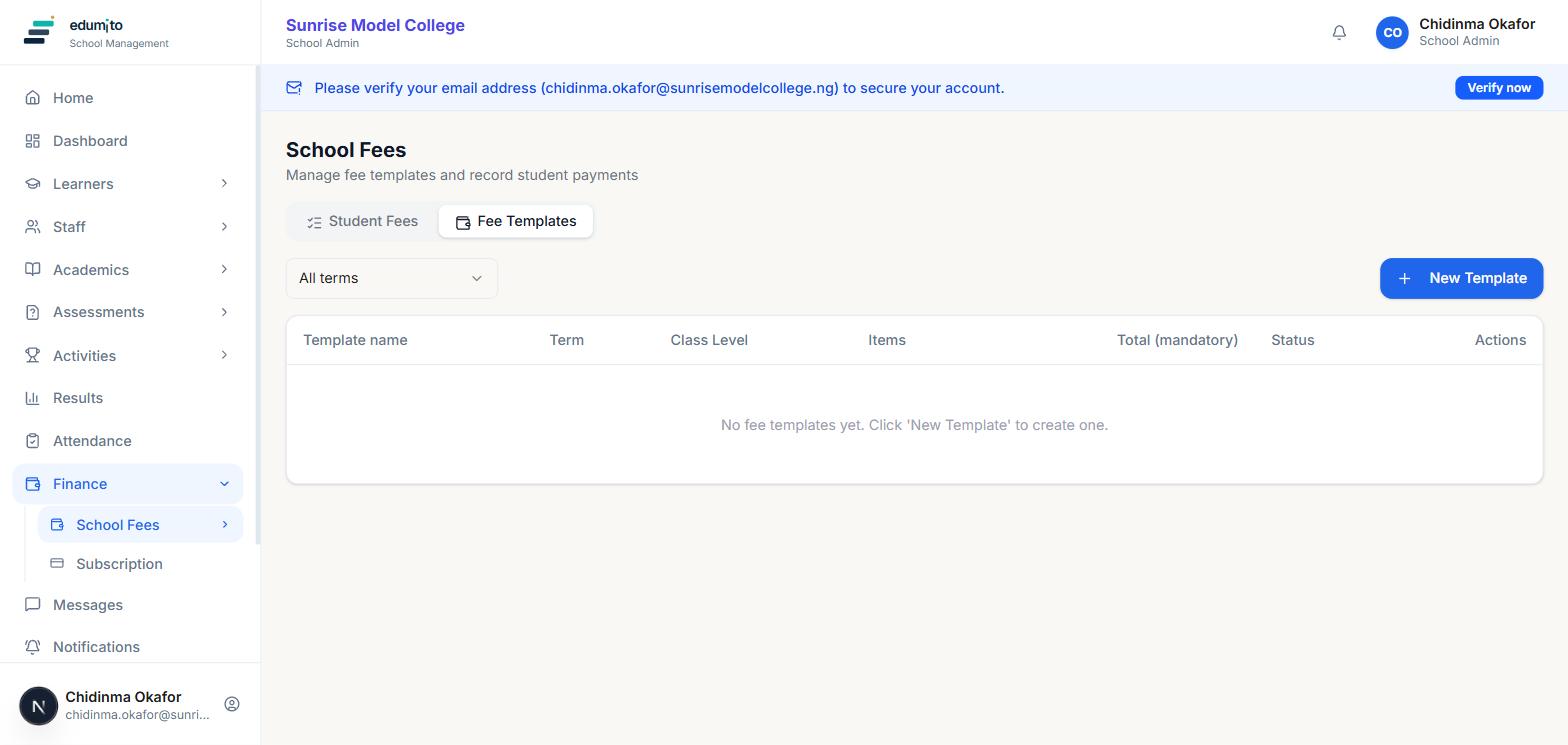 School Fees page with the Fee Templates tab selected, showing an empty template list