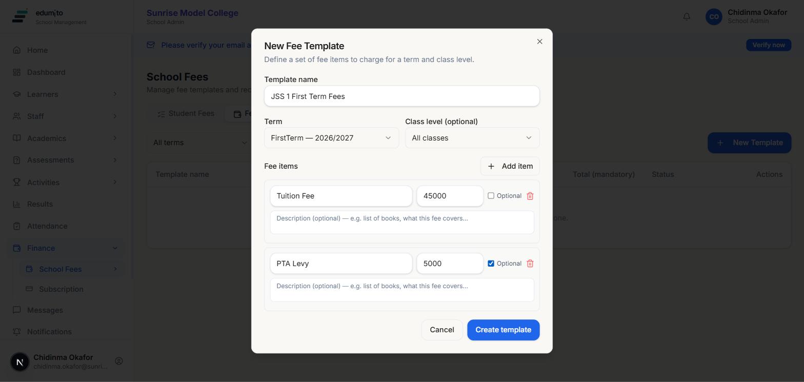 New Fee Template dialog filled in with a Tuition Fee item and an optional PTA Levy item