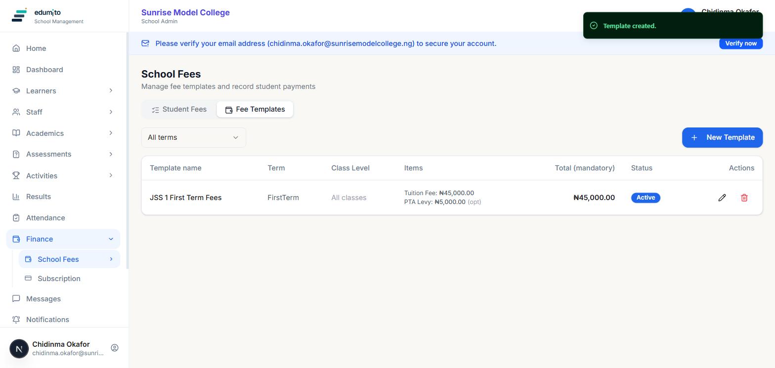 Fee Templates list showing the newly created JSS 1 First Term Fees template