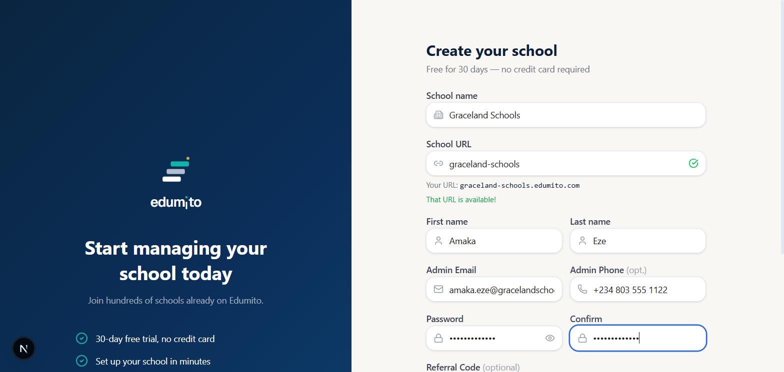 Edumito sign-up form filled in with school name, URL, administrator details and password