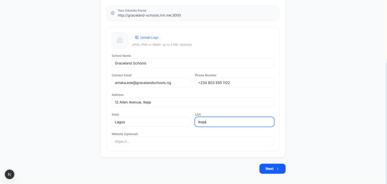School Details step of the setup wizard, showing logo upload, contact email and address fields