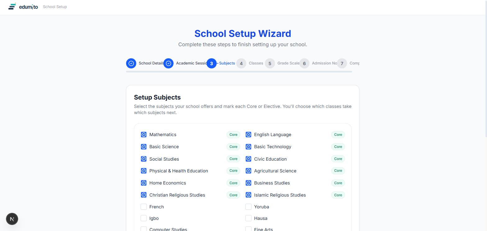 Subjects step showing a checklist of core and elective subjects