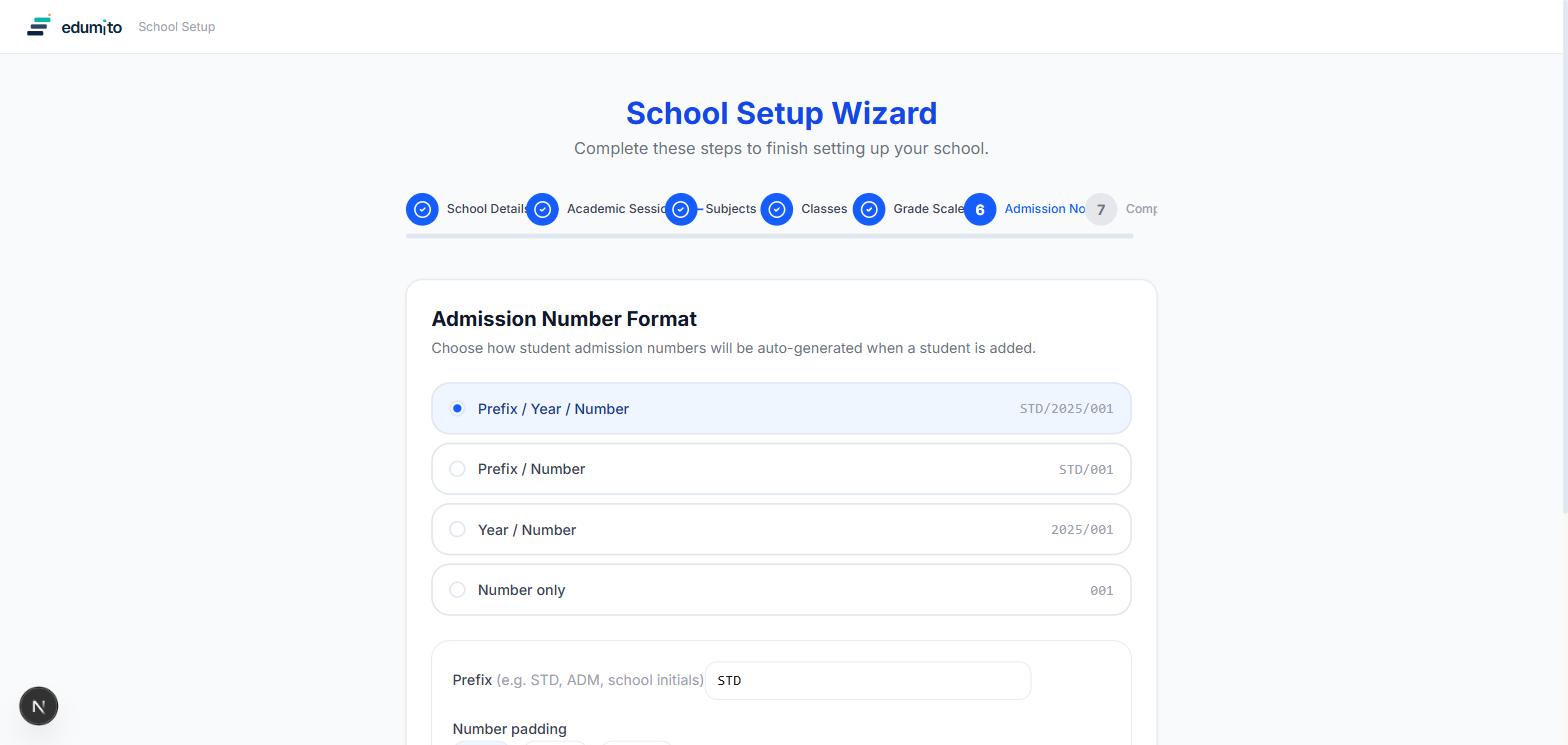 Admission Number Format step showing four format options with live examples