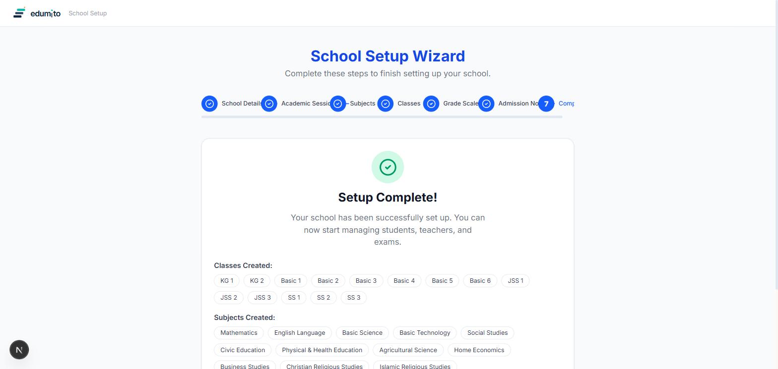 Setup Complete screen listing the classes and subjects that were created