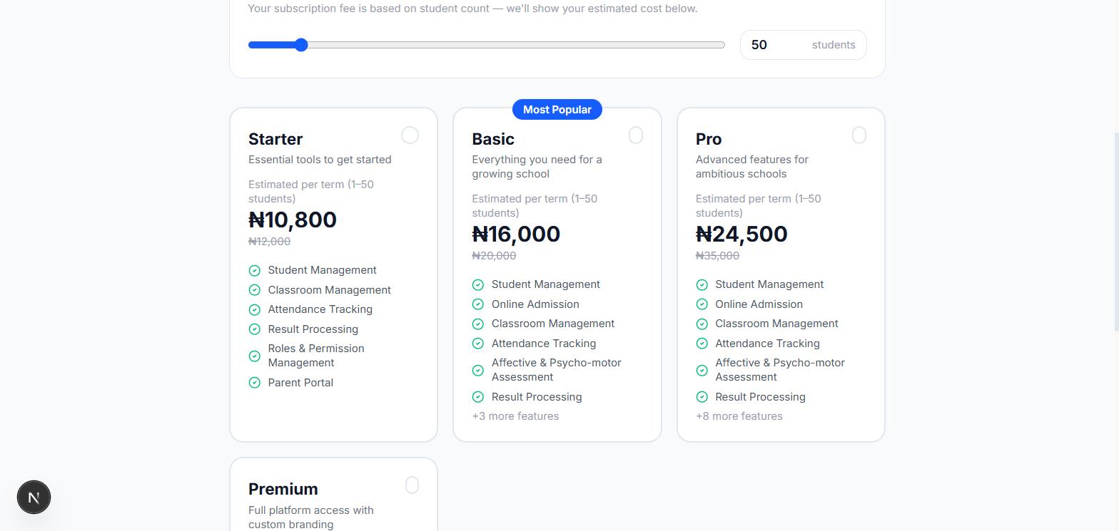 Choose Your Plan page showing Starter, Basic, Pro and Premium plan cards with pricing