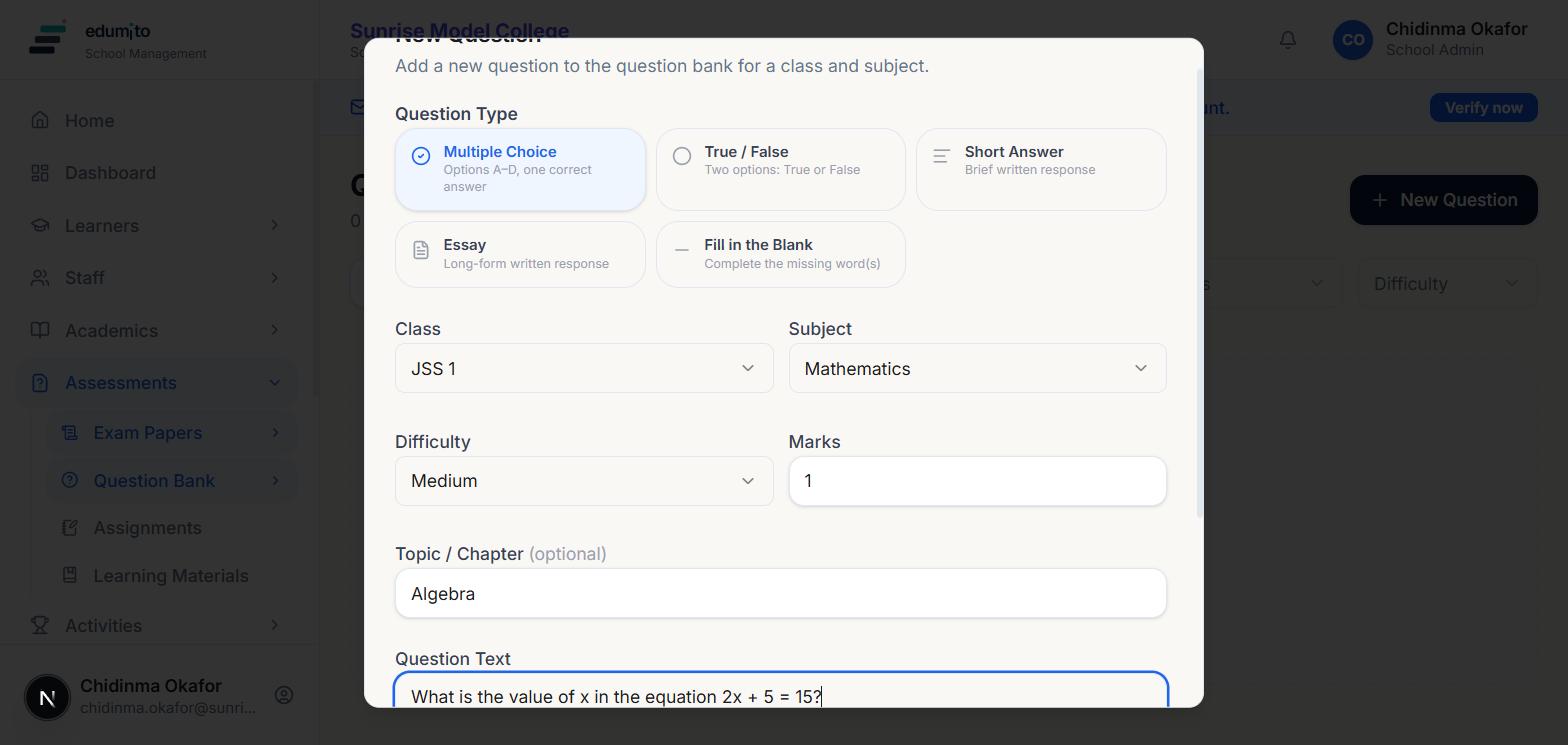 New Question dialog filled in with class, subject, difficulty, marks and question text