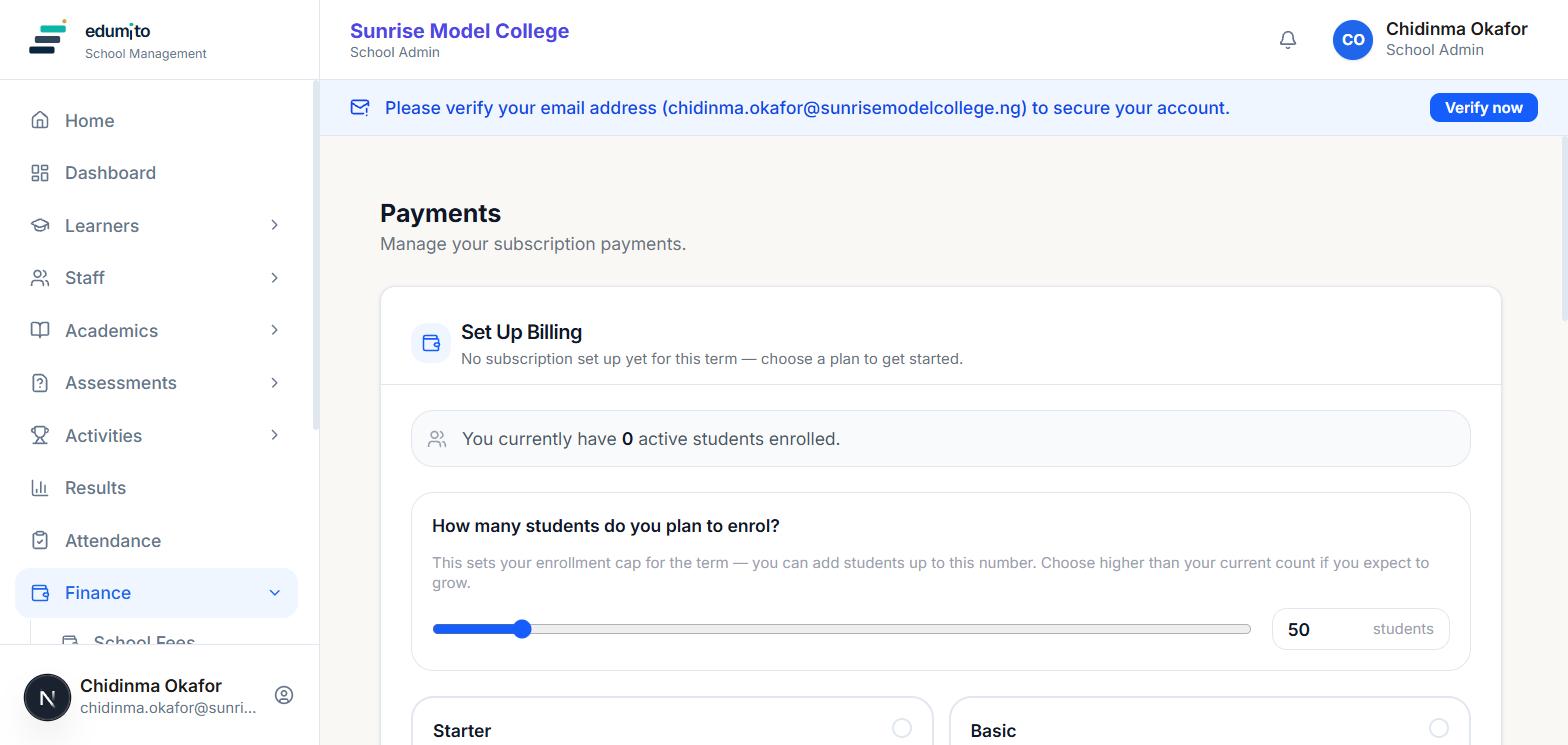 Payments page showing the Set Up Billing section with a student count slider