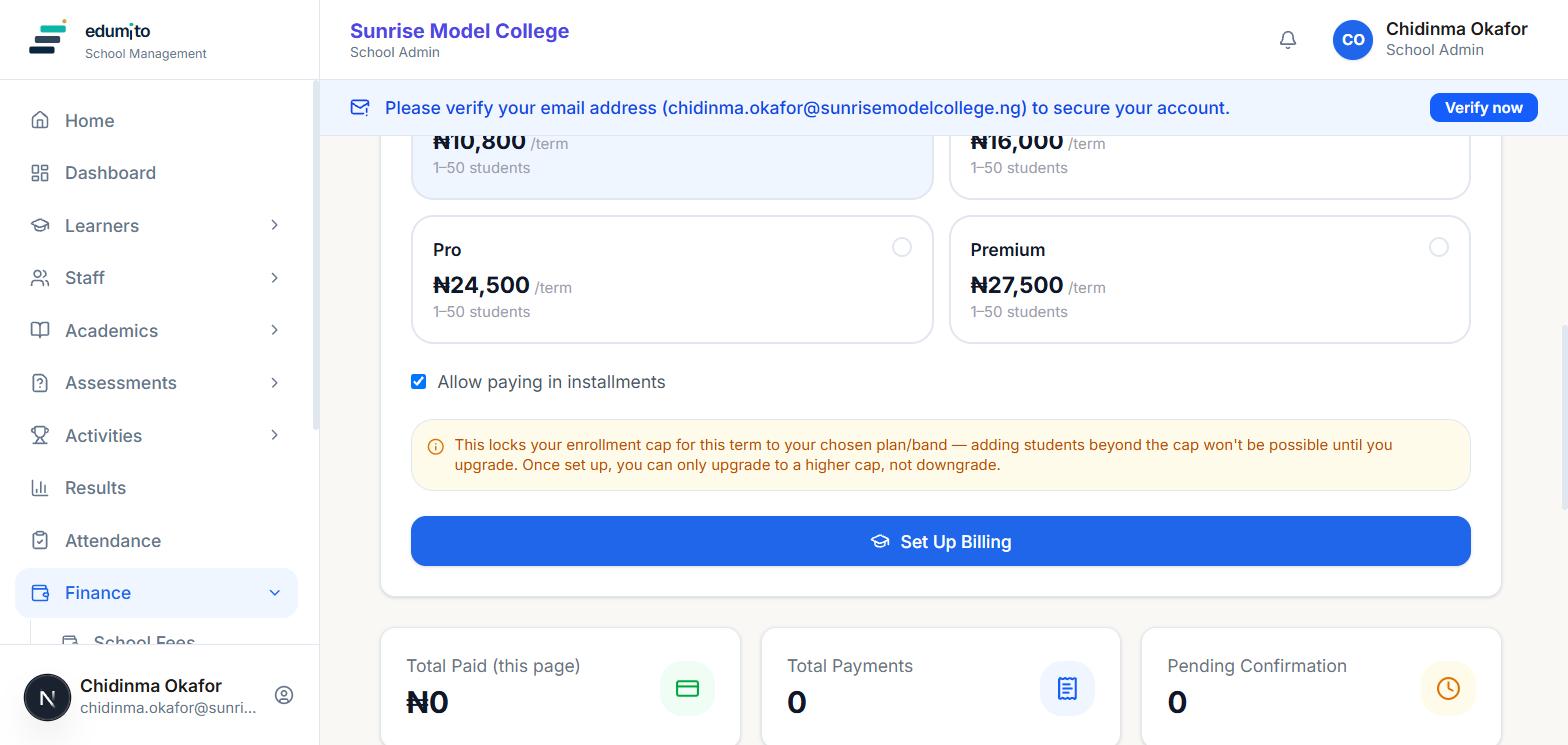 Plan cards (Starter, Basic, Pro, Premium) with a Set Up Billing button and installment toggle