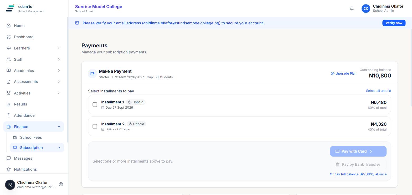 Make a Payment page showing an installment schedule with due dates and payment options